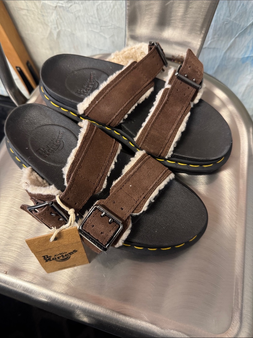 Dr. Martens Brown Suede Shearling Buckle Sandals with Black Footbed - Picture 8 of 8